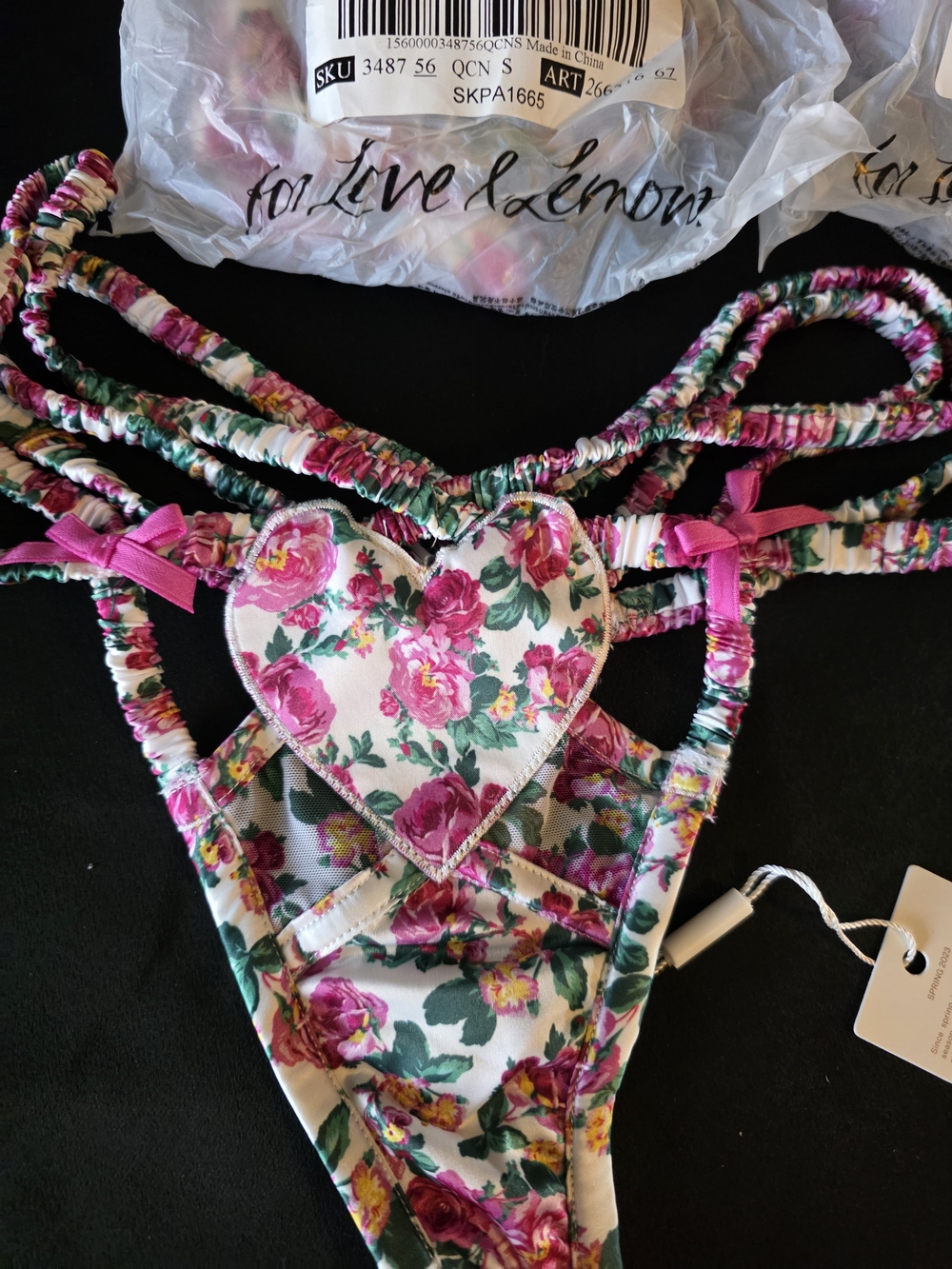 For Love And Lemons Pink Floral Heart-Accent Strappy Thong